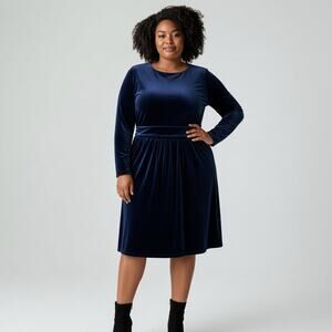 Boden Lois Velvet Dress Women's Sz 8L Navy Long Sleeve Knee Length Glam Evening